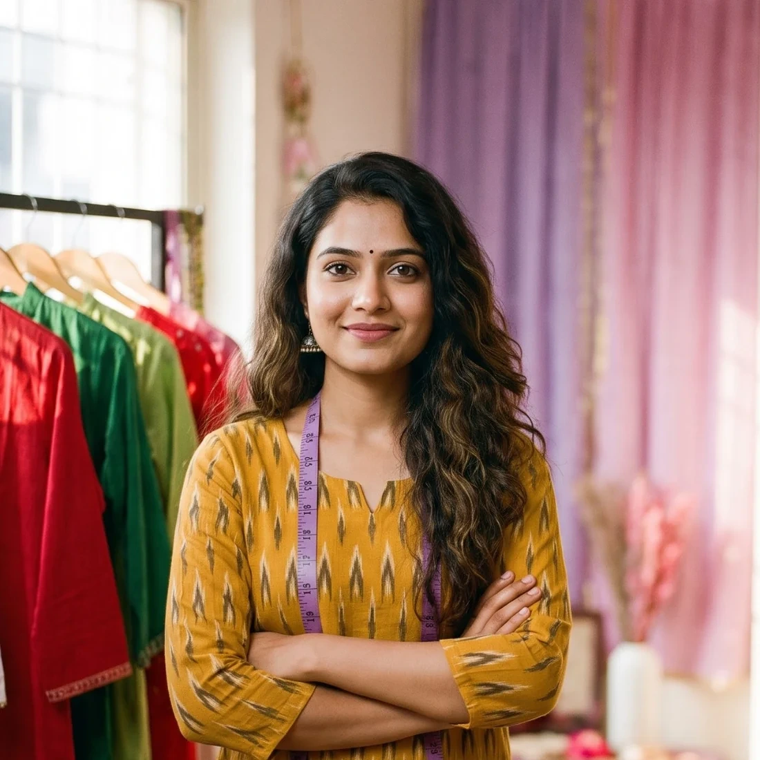 Fashion creator in a mustard kurta, with a measuring tape in her clothing studio