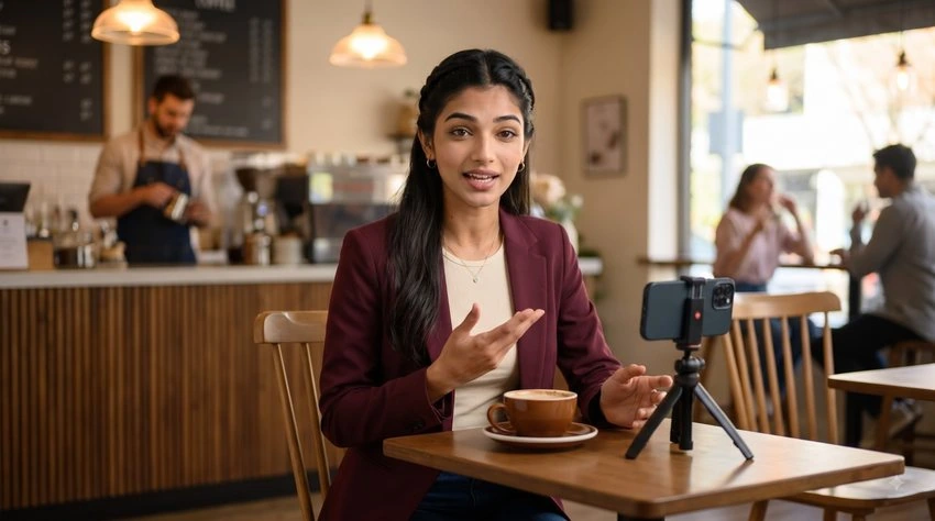 A creator recording a video on her phone on a small tripod at a café table