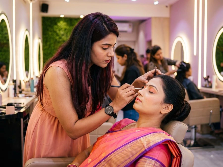 A makeup artist working closely on a client in a beauty studio