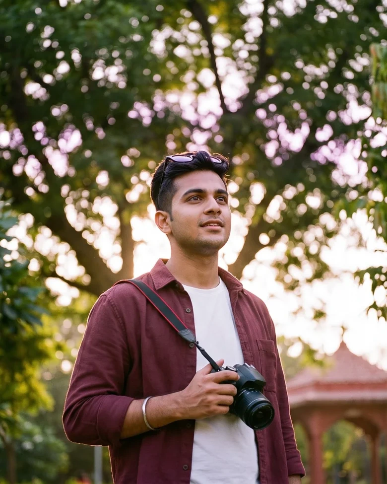 Male photographer in a maroon shirt holding his camera outdoors